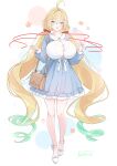  1girl absurdres ahoge alternate_breast_size alternate_costume azur_lane bag bare_legs blonde_hair blue_dress bow breasts brown_bag buttons casual collarbone commentary_request dress frilled_dress frills full_body green_eyes hair_between_eyes hair_bow handbag highres huge_breasts le_temeraire_(azur_lane) livetarica long_hair long_sleeves open_mouth oppai_loli puffy_sleeves red_bow red_ribbon ribbon shoes signature simple_background smile solo standing thighs twintails very_long_hair white_background white_bow white_shoes 