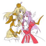  2girls angeling apple_on_head arrow_through_apple azlia back_bow blonde_hair bow bow_(weapon) breasts brown_eyes brown_shirt brown_shorts chinese_commentary closed_mouth commentary_request cowboy_shot crop_top dress feathered_wings fur-trimmed_shirt fur-trimmed_shorts fur_trim head_wings high_priest_(ragnarok_online) holding holding_bow_(weapon) holding_weapon juliet_sleeves long_hair long_sleeves looking_at_viewer lowres midriff multiple_girls navel open_mouth own_hands_together puffy_sleeves purple_hair ragnarok_online red_dress red_eyes shirt shorts simple_background sleeveless sleeveless_shirt small_breasts smile sniper_(ragnarok_online) two-tone_shorts weapon white_background white_bow white_wings wings 