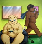  2019 anthro belly brown_body brown_fur bulge clothing detailed_background duo fur hi_res kenobear male mammal moobs navel nipples overweight overweight_male sitting tongue tongue_out underwear ursid 