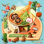  artist_name bird blue_background bowl cup flower food food_focus grass issiki_toaki leaf no_humans noodles original shrimp shrimp_tempura sign simple_background steam tanuki tempura udon 