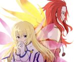  blonde_hair blue_eyes colette_brunel dress elbow_gloves floating_hair from_side gloves gold_choker headband highres hzk882 jacket own_hands_clasped own_hands_together pink_vest red_hair simple_background tales_of_(series) tales_of_symphonia twitter_username vest white_background white_dress white_gloves white_headband white_jacket wings zelos_wilder 