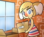 2019 3_fingers alice_(animal_crossing) animal_crossing anthro big_nose black_eyebrows blonde_hair blue_eyes blue_stripes box cardboard cardboard_box clothed clothed_anthro clothed_female clothing colored container cookieboy011 digital_drawing_(artwork) digital_media_(artwork) dipstick_ears dress ear_markings english_description english_text eyebrow_through_hair eyebrows female female_anthro fingers fluffy_ears freckled_face freckles fur hair holding_box holding_container holding_object inside koala looking_at_viewer mammal marsupial multicolored_clothing multicolored_dress multicolored_ears nintendo open_mouth orange_wall pattern_clothing pattern_dress pattern_wall pink_hair_bow pink_mouth portrait red_nose red_stripes shaded solo standing story story_in_description striped_clothing striped_dress stripes text three-quarter_portrait translucent translucent_hair vombatiform white_clothing white_dress white_ear_tips window yellow_body yellow_fur