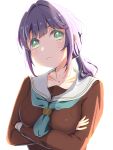  1girl absurdres aqua_neckerchief breasts closed_mouth collarbone commentary_request crossed_arms frown green_eyes hair_intakes hasu_no_sora_school_uniform highres link!_like!_love_live! long_sleeves looking_at_viewer love_live! low_ponytail medium_breasts neckerchief official_alternate_hairstyle otomune_kozue ponytail purple_hair raised_eyebrow sailor_collar school_uniform shirane_nanimo sidelighting sidelocks simple_background solo upper_body virtual_youtuber white_background white_sailor_collar winter_uniform 