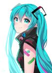 1girl bangs black_jacket blue_eyes blue_hair blush character_name closed_mouth from_side hair_between_eyes hair_ornament halha_20 hatsune_miku highres jacket long_hair shiny shiny_hair simple_background sleeveless sleeveless_jacket smile solo twintails upper_body very_long_hair vocaloid white_background 