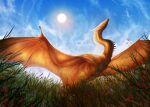 2025 ambiguous_feral ambiguous_gender biped bipedal_feral claws cloud day dragon european_mythology eyes_closed feral flower grass hi_res isvoc long_neck low-angle_view membrane_(anatomy) membranous_wings mythological_creature mythological_scalie mythology neck_spikes outside plant scales scalie shaded sky snout solo spread_wings sun teeth text url western_dragon wing_claws wings wyvern yellow_body yellow_scales