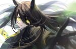  1girl animal_ears black_gloves black_hair black_jacket earrings eyebrows_visible_through_hair gloves horse_ears horse_girl jacket jewelry long_hair long_sleeves manhattan_cafe_(umamusume) necktie open_mouth ouri_(aya_pine) simple_background single_earring solo star_(symbol) star_print umamusume upper_body white_background yellow_eyes yellow_necktie 