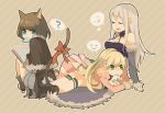  3girls ? animal_ears aoliso black_cape blonde_hair blue_eyes blue_sleeves book bow breasts brown_hair cape cat_ears cat_girl cleavage closed_mouth commentary_request detached_sleeves dress fish_in_mouth flower full_body fur-trimmed_cape fur-trimmed_sleeves fur_trim green_eyes grey_hair hair_flower hair_ornament high_priest_(ragnarok_online) high_wizard_(ragnarok_online) holding holding_book juliet_sleeves long_hair long_sleeves looking_at_another lying medium_breasts multiple_girls on_stomach open_book open_mouth pink_dress pink_flower puffy_sleeves ragnarok_online red_bow short_hair spoken_question_mark stalker_(ragnarok_online) tail tail_bow tail_ornament 