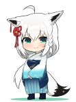  1girl ahoge animal_ear_piercing animal_ears aqua_eyes black_boots blue_hakama blue_kimono blue_sash blush boots braid chibi chibi_only closed_mouth double-parted_bangs flower flower_knot fox_ears fox_girl fox_tail full_body gradient_clothes gradient_kimono grey_hair hair_between_eyes hair_flower hair_ornament hakama hakama_skirt high-waist_skirt hololive japanese_clothes kanzashi kimono lace-up_boots long_hair looking_at_viewer obi official_alternate_costume pentagram sash shadow shirakami_fubuki shirakami_fubuki_(new_year) side_braid simple_background skirt smile solo tail tassel tassel_hair_ornament twumi v_arms virtual_youtuber white_background white_kimono 