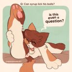 2025 anthro anus auto_ball_lick balls bodily_fluids calico_cat dialogue domestic_cat english_text eyelashes eyewear eyewear_only felid feline felis femboy flexible genitals glasses glasses_only hair licking male mammal masturbation nude one_leg_up oral oral_masturbation pawpads puppeypawbs raised_leg saliva saliva_on_balls saliva_on_bed self_lick short_hair sitting solo speech_bubble syrup_(puppeypawbs) text tongue url watermark wearing_glasses