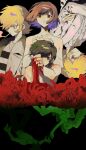 1girl 1other 4boys asuka_ryou black_background blonde_hair blood blood_on_hands blue_eyes breasts brown_eyes brown_hair brown_jacket cigarette completely_nude devilman devilman_(character) fudou_akira head_wings headband highres jacket makimura_miki multiple_boys multiple_persona multiple_views multiple_wings nude satan_(devilman) shirt short_hair smoking striped_clothes striped_shirt tami_tome_mo white_jacket wings 