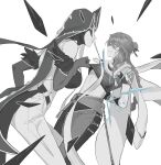  1boy 1girl animal_around_neck arms_behind_back baizhu_(genshin_impact) bodice bound bound_wrists braid breasts changsheng_(genshin_impact) clothes_lift commentary_request covered_eyes crop_top elbow_gloves eye_mask femdom genshin_impact glasses gloves hair_between_eyes hair_ornament hair_stick hetero highres large_breasts leg_between_thighs lifting_another&#039;s_clothes limited_palette long_hair midriff mirror_maiden_(genshin_impact) monochrome navel pants parted_lips semi-rimless_eyewear shirt shirt_lift sidelocks smile snake standing sweat under-rim_eyewear usushio_oishii 