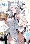  1girl animal_ears arm_behind_back armpit_crease bamboo_steamer bare_arms bare_shoulders blue_eyes blush breasts cat_(nyanko_daisensou) cat_ears china_dress chinese_clothes covered_navel dress ebora english_commentary groin hair_bun heart highres long_hair looking_at_viewer lunacia_(nyanko_daisensou) medium_breasts nyanko_daisensou one_eye_closed pelvic_curtain side_slit sleeveless sleeveless_dress solo sparkle spoken_heart thick_thighs thighs 