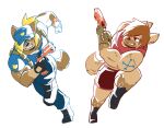 2025 action_pose anaugi anthro biceps blonde_hair boots bottomwear brother_(lore) brothers_(lore) brown_hair clothed clothing dipstick_ears duo ear_markings feet fingerless_gloves footwear foster_(anaugi) gloves grin hair hair_over_eye handwear harness hat headgear headwear holding_object holding_ranged_weapon holding_weapon hyena male mammal mccarthy_(anaugi) multicolored_ears muscular muscular_male pants ponytail pose ranged_weapon running shirt shoes short_hair shorts sibling_(lore) simple_background smile t-shirt tail toothy_grin topwear weapon white_background