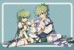  1boy 1girl applying_bandages armor blue_scarf book breastplate butterfly_sitting closed_mouth dress elbow_gloves erinys_(fire_emblem) fire_emblem fire_emblem:_genealogy_of_the_holy_war flying_sweatdrops frown full_body gloves green_background green_dress green_eyes green_gloves green_hair hair_between_eyes hair_over_one_eye hand_on_own_knee inset_border lewyn_(fire_emblem) light_blush long_hair long_sleeves looking_at_another messy_hair neeeeeeega_2025 one_eye_covered pants pauldrons polearm popped_collar puff_of_air scarf shirt short_hair short_sleeves shoulder_armor sidelocks single_elbow_glove single_glove sitting smile spear striped_clothes striped_scarf sweatdrop wariza weapon white_dress white_pants white_scarf white_shirt 