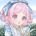  1girl bead_bracelet beads blue_bow blue_dress blue_eyes blue_sky bow bracelet bubble's_hometown_(infinity_nikki) bubble_print buttons center_frills chinese_commentary circlet collared_shirt commentary_request daisy_(flower) day dot_nose dress eyelashes field flower flower_field frilled_dress frilled_gloves frills gloves hair_beads hair_bow hair_ornament happy highres infinity_nikki jewelry lake light_blush looking_ahead mountainous_horizon nikki_(series) object_floating_above_hand open_mouth outdoors pinafore_dress pink_hair puffy_short_sleeves puffy_sleeves shirt short_hair short_sleeves sky sleeveless sleeveless_dress smile solo sparkle striped_bow suannai_pidong tareme two_side_up upper_body wavy_hair white_flower white_gloves white_shirt 