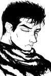 1boy berserk closed_mouth djst4885 frown greyscale guts_(berserk) highres looking_at_viewer male_focus monochrome one_eye_closed scar scar_on_face scar_on_nose short_hair simple_background white_background 