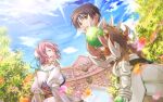  1boy 1girl arch_bishop_(ragnarok_online) blue_dress blue_sky brown_hair brown_shirt bun_cover closed_eyes cloud commentary_request day double_bun dress emblem from_behind gate gauntlets gem green_gemstone hair_bun looking_at_viewer open_mouth outdoors petals pink_hair prototype_design ragnarok_online rune_knight_(ragnarok_online) sahar shirt short_hair sky smile spiked_pauldrons tree two-tone_dress upper_body white_dress yellow_eyes 