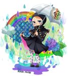  1boy absurdres blackmore blonde_hair blue_eyes catch_the_rainbow flower gradient_eyes highres holding holding_umbrella jojo_no_kimyou_na_bouken leaf leggings mask multicolored multicolored_eyes purple_eyes rain rainbow raincoat sasamiyu0720 solo steel_ball_run umbrella water 