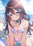  1boy absurdres aqua_eyes ball barefoot beachball bikini blue_bikini blue_choker blue_sky blurry brown_hair choker cloud collarbone crossdressing depth_of_field feet frilled_bikini frills hair_between_eyes hair_ornament highres indie_virtual_youtuber long_hair looking_at_viewer multicolored_hair navel ocean origami_aya outdoors purple_bikini sidelocks sky star_(symbol) star_hair_ornament swimsuit toes trap two-tone_hair yuna_mercury 