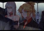  2girls absurdres bare_shoulders blonde_hair braid breasts cellphone choker elbow_gloves fate/grand_order fate_(series) formal french_braid funeral gloves green_eyes hair_between_eyes highres letterboxed looking_at_viewer mordred_(fate)_(all) morgan_le_fay_(fate) multiple_girls phone platinum_blonde_hair ponytail rain sidelocks smartphone suit umbrella yorukun 