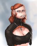 2025 anthro bared_teeth blue_eyes breasts cleavage_cutout clothing cutout ear_piercing ear_ring edith_(redustheriotact) female freckles fur hair haplorhine hi_res jewelry long_hair mammal medium_breasts monkey necklace piercing primate red_body red_fur redustheriotact ref_hair ring_piercing simple_background sketch solo sweater topwear turtleneck