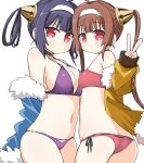  asymmetrical_docking azur_lane bikini black_hair blue_jacket breast_press brown_hair choker commentary_request fur-trimmed_jacket fur_trim hair_rings hairband hairpods highres jacket long_hair looking_at_viewer naitou_kouse navel ning_hai_(azur_lane) ping_hai_(azur_lane) purple_bikini red_bikini red_eyes side-tie_bikini simple_background swimsuit twintails white_background white_hairband yellow_jacket 