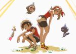 1boy 1girl asatsuki_(fgfff) bow bow_hairband brendan_(pokemon) brown_hair chimecho duskull full_body hair_bow hairband hat highres looking_at_viewer looking_down may_(pokemon) pokemon pokemon_(creature) pokemon_oras red_bow red_hairband red_shirt shirt short_hair short_sleeves shuppet sleeveless sleeveless_shirt squatting sweat white_hat 