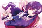  1boy black_neckwear black_pants character_name chess_piece code_geass crossed_legs gradient_hair grin hair_between_eyes happy_birthday highres holding jacket king_(chess) kubird_meme lelouch_lamperouge long_sleeves looking_at_viewer multicolored_hair pants purple_eyes purple_hair purple_jacket shiny shiny_hair shirt sitting smile solo white_shirt 