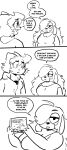 2025 ahoge album anaugi anthro black_and_white breasts canid canine canis cd cleavage clothed clothing comic cute_fangs dialogue domestic_cat domestic_dog duo ello_(anaugi) english_text fangs felid feline felis female floppy_ears hair hair_over_eye half-closed_eyes hi_res holding_object hoodie humor long_hair mammal monochrome narrowed_eyes penny_(anaugi) short_hair simple_background size_difference speech_bubble teeth text topwear white_background