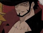  1boy adam&#039;s_apple bake_ryori beard black_hat closed_mouth collarbone dracule_mihawk expressionless facial_hair hat high_collar highres looking_at_viewer male_focus mustache one_piece orange_eyes ringed_eyes solo thick_neck 