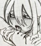  1girl blood blood_drip blood_on_arm blush eyelashes full_body furrowed_brow hair_between_eyes highres holding_another&#039;s_arm negau open_mouth original saliva self-harm sidelocks sketch solo 