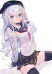  1girl absurdres anchor_symbol black_hat black_sailor_collar black_skirt black_thighhighs blue_eyes breasts commentary flat_cap hair_between_eyes hat hibiki_(kancolle) highres kaamin_(mariarose753) kantai_collection long_hair long_sleeves looking_at_viewer neckerchief pleated_skirt red_neckerchief sailor_collar school_uniform serafuku simple_background sitting skirt small_breasts solo thighhighs very_long_hair white_background white_hair 