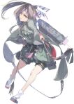  1girl absurdres arrow_(projectile) bow_(weapon) brown_eyes brown_hair camouflage fei_(feikotake) flight_deck full_body gloves hachimaki hair_ribbon hakama hakama_shorts headband high_ponytail highres japanese_clothes kantai_collection long_hair looking_at_viewer machinery muneate okobo partially_fingerless_gloves platform_sandals ponytail quiver ribbon rigging sandals shorts simple_background single_glove solo tabi weapon white_background wide_sleeves yugake zuihou_(kancolle) zuihou_kai_ni_(kancolle) 