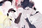 1boy ace_of_diamond baseball_cap baseball_uniform black_hair closed_mouth emldcsimnb52424 from_side happy_birthday hat highres light_smile lips looking_at_viewer male_focus nose sanada_shunpei short_hair simple_background solo sportswear teeth upper_body white_background yellow_eyes 