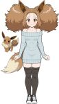  1girl absurdres animal_ears black_thighhighs blush brown_eyes brown_hair eevee farajtank fluffy_hair forehead full_body grey_sweater highres off-shoulder_sweater off_shoulder parted_bangs personification pokemon pokemon_(creature) pokemon_tail shoes smile sneakers sweater tail thighhighs 