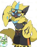 2025 ambiguous_gender anthro blue_eyes blush clothed clothed_ambiguous clothed_anthro clothing digital_media_(artwork) duo eyewear floragato front_view fur generation_7_pokemon generation_9_pokemon glasses green_body green_fur hi_res legendary_pokemon nintendo open_mouth open_smile pokemon pokemon_(species) simple_background smile standing tail teeth tongue tontaro yellow_body yellow_fur yellow_tail zeraora