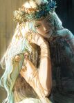  1girl artist_name blood blood_on_face blue_eyes closed_mouth commentary doll_joints elden_ring elden_ring_nightreign english_commentary eyelashes head_wreath highres jewelry joints long_hair rashuu revenant_(elden_ring) sitting solo twitter_username wavy_hair 