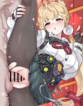  1boy 1girl :o absurdres alice_thymefield animal_ears bar_censor black_skirt blonde_hair blush breasts censored commentary daram_(shappydude) fingerless_gloves gloves hand_on_own_leg heart hetero heterochromia highres indoors large_breasts long_hair md5_mismatch orange_eyes pantyhose penis pleated_skirt red_eyes sex shirt skirt split standing standing_on_one_leg standing_sex standing_split sweat torn_clothes torn_pantyhose vaginal white_shirt zenless_zone_zero 