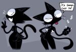 4_fingers anthro bar_emanata black_breasts black_butt black_ears black_eyes black_inner_ear black_tail black_text black_tuft breast_tuft breasts butt butt_pose cheek_tuft colored_line_art cross_pasties crotch_tuft dark_body dark_butt dark_ears dark_fur dark_inner_ear dark_tail domestic_cat ebony_whiskers emanata english_text exclamation_point facial_tuft felid feline felis female fingers flesh_fang fur gesture glistening glistening_butt grey_background grey_line_art hand_gesture hand_on_hip hand_on_own_hip leaning_hips looking_at_viewer looking_back looking_back_at_viewer mammal medium_breasts money_sign one_eye_closed open_mouth open_smile pasties pink_tongue pose pupils rectangular_speech_bubble simple_background slit_pupils smile solo tail text thatkattyoinky tongue tongue_out tuft v_sign whiskers white_mouth white_pasties white_speech_bubble wide_hipped_anthro wide_hipped_female wide_hips