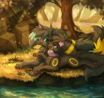 absurd_res accessory arm_tuft astrum_(silent_observer) big_ears big_tail blue_body blue_eyes blue_fur branch canid canine charm_(jewelry) cheek_tuft collar colored couples duo ear_markings ears_back ears_down eeveelution elbow_tuft eye_contact facial_tuft female feral floppy_ears flower flower_in_hair flower_in_mouth fluffy fluffy_chest fluffy_ears fluffy_hair fluffy_tail food forest forest_background fruit fur fur_markings generation_2_pokemon grass grey_body grey_fur hair hair_accessory hi_res jewelry joeumbre leaf light lighting looking_at_another male male/female mammal markings meika_(meikabre) melon nature nature_background neck_tuft nintendo pink_eyes pivoted_ears plant pokemon pokemon_(species) purple_eyes river rock romantic romantic_couple shaded short_hair smile smiling_at_another smiling_at_partner tail tree tuft umbreon water watermelon watermelon_slice yellow_body yellow_fur