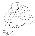 2025 3_toes ahoge anaugi anthro arm_support barefoot black_and_white bottomwear canid canine canis clothed clothing domestic_dog ello_(anaugi) feet female floppy_ears hair hair_over_eye half-closed_eyes hand_on_face hi_res leaning_on_elbow long_hair mammal monochrome narrowed_eyes pawpads paws shirt shorts simple_background solo t-shirt toes topwear white_background