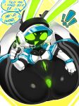 anthro anus armor big_butt blush breasts butt cleavage clothed clothing electronics english_text exclamation_point eyebrows female flexible genitals gesture goatboydraws green_anus green_blush green_eyebrows green_eyes green_inner_ear green_mouth green_vulva hand_gesture headgear headphones headset helmet hi_res huge_butt jumpsuit lagomorph legs_behind_head legs_up leporid long_ears lying machine mammal on_back pointing pointing_at_viewer project_turboblast rabbit robot screen screen_face sitting solo speech_bubble talking_to_viewer tempo_(project_turboblast) text tight_clothing vulva white_ears