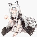  1girl animal_ear_fluff animal_ears arknights bangs black_cloak blush braid cloak dress fang grey_eyes hair_between_eyes hand_up headpiece highres jewelry kashiyarrm leopard_ears leopard_tail long_hair looking_at_viewer necklace paw_pose pramanix_(arknights) seiza simple_background sitting solo tail thighhighs turtleneck_dress twin_braids watch white_background white_dress white_hair 