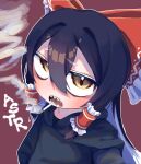  1girl absurdres alternate_hair_color black_hair black_hoodie blush bow cigarette colored_inner_hair commentary_request cookie_(touhou) frilled_bow frilled_hair_tubes frills hair_bow hair_tubes hakurei_reimu highres hood hood_down hoodie long_hair looking_at_viewer maru_(cookie) melanin_shikiso multicolored_hair open_mouth red_background red_bow sharp_teeth simple_background smoke smoking solo teeth touhou upper_body white_hair yellow_eyes 