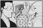  1boy 1girl 1other alphys broken_eyewear caught collared_shirt commentary computer crack deltarune english_commentary english_text hand_on_another&#039;s_back hand_on_another&#039;s_head highres kiss kris_(deltarune) minominoks necktie pointy_nose round_eyewear shirt short_hair spamton_g._spamton speech_bubble sweat teacher_and_student teeth 