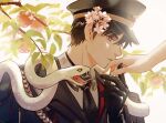  1boy 1girl animal apple black_hair black_hat black_jacket black_necktie caleb_(love_and_deepspace) closed_mouth collared_shirt commentary english_commentary fangs fingernails flower food forked_tongue from_side fruit hair_flower hair_ornament hat highres jacket kiss kissing_hand lapels leaf looking_to_the_side love_and_deepspace male_focus military_jacket necktie open_mouth out_of_frame peaked_cap pink_flower plant profile protagonist_(love_and_deepspace) shirt short_hair sideways_glance snake snake_wrapped_around_neck solo_focus tongue tongue_out tree upper_body velvet_kt white_background white_shirt white_snake wing_collar 