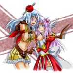  2girls angeling apple_on_head arrow_through_apple azlia back_bow blue_eyes blue_hair bow bow_(weapon) breasts brown_gloves brown_shorts chinese_commentary closed_mouth commentary_request cowboy_shot dress feathered_wings fingerless_gloves fur-trimmed_shirt fur-trimmed_shorts fur_trim gloves head_wings high_priest_(ragnarok_online) holding holding_bow_(weapon) holding_weapon juliet_sleeves long_hair long_sleeves looking_at_viewer lowres midriff multiple_girls navel open_mouth own_hands_together puffy_sleeves purple_hair ragnarok_online red_dress shirt shorts simple_background sleeveless sleeveless_shirt small_breasts smile sniper_(ragnarok_online) two-tone_shorts weapon white_bow white_wings wings yellow_shirt yellow_shorts 