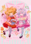  2girls ;p absurdres animal-themed_food apron bell black_shoes blunt_bangs bow bowl bowtie braid brown_hair child chocolate commentary_request cookie dress english_commentary food frilled_dress frilled_socks frills full_body genshin_impact giuniu_(unc_135) hair_bell hair_ornament happy_valentine highres holding holding_bowl holding_tray holding_whisk kneehighs long_hair long_sleeves looking_at_viewer maid_headdress medium_dress mixed-language_commentary multiple_girls no_pupils one_eye_closed orange_eyes pink_background pink_bow pink_bowtie pink_dress pink_eyes polka_dot polka_dot_apron polka_dot_bow purple_hair qiqi_(genshin_impact) red_bow red_bowtie red_dress shoes sidelocks smile socks sparkling_eyes standing standing_on_one_leg tongue tongue_out tray vertical-striped_background whisk white_headdress white_socks wide_sleeves yaoyao_(genshin_impact) yuegui_(genshin_impact) yume_kawaii 