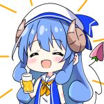  1girl :d alcohol alternate_costume alternate_hair_color bare_arms beer blue_hair blue_ribbon blue_shirt blush brown_horns closed_eyes commentary_request cup curled_horns curly_hair demon_girl demon_tail dot_nose facing_viewer fang hat hat_ribbon holding holding_cup horns kotatsu-mazoku lilith_(machikado_mazoku) lilith_(machikado_mazoku)_(homunculus) long_hair machikado_mazoku open_mouth ribbon sailor_collar shirt sidelocks simple_background skin_fang sleeveless sleeveless_shirt smile solo tail upper_body white_background white_hat white_sailor_collar 