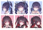  2girls :o absurdres black_bow black_hair black_sailor_collar blue_bow blue_hair blush bow braid brown_hair butterfly_hair_ornament closed_mouth commentary_request dress hair_between_eyes hair_bow hair_ornament heart heart_hands highres honkai_(series) honkai_impact_3rd multiple_girls multiple_views parted_lips polka_dot polka_dot_bow purple_eyes red_eyes red_hair rinna_(xxrinna) sailor_collar seele_(alter_ego) seele_vollerei sleeveless sleeveless_dress smile twin_braids twintails twitter_username two_side_up white_dress white_sailor_collar 
